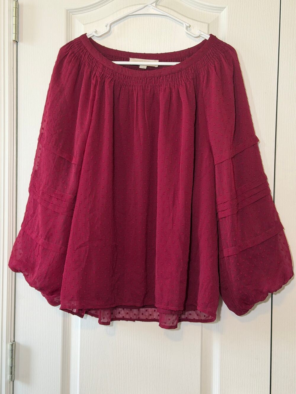 LOFT Women’s Swiss Dot Peasant Blouse-Maroon Wine Smocked Neck Long Sleeve-Sz XL